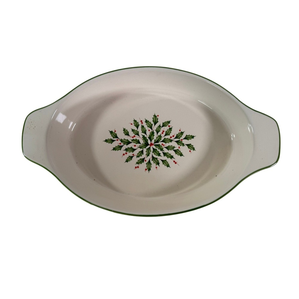 Lenox Holiday Oval Baker Christmas Holly Berry Stoneware Serving Dish 12.5 Inch